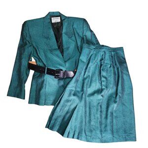 Kasper for A.S.L. Suit Set Womens Size 6 Linen Blend Green Belted Blazer Skirt